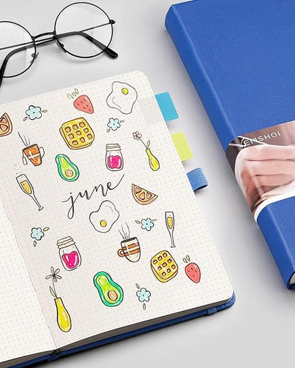 EMSHOI A5 Dotted Journal - 256 Pages with 120gsm Thick Dot Grid Paper, Hardcover Leather Dotted Notebook, 16 Perforated Pages, Pen Loop & Inner Pocket, for Bullet Journaling, 5.75” x 8.38”, Blue