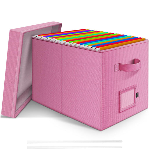 Onylin File Organizer Box with Lid, Linen Hanging File Storage Box with Handle, Collapsible Document Filling Box for Letter/Legal Folder, Portable File Box for Office/Decor/Home (1 Pack, Pink)
