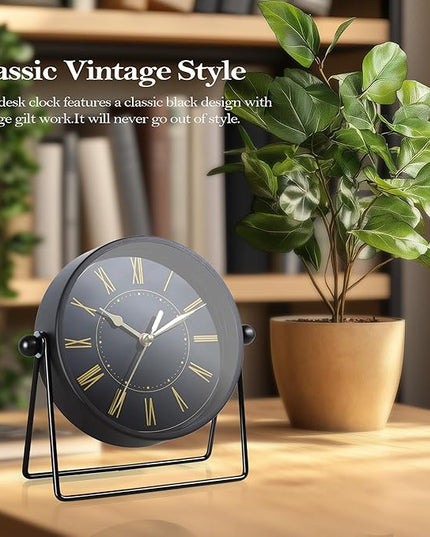 AYRELY® Vintage Black Metal Desk Clock,Battery Operated Mantel Clocks, Decorative Table Clocks with Adjustable Angle for Fireplace Farmhouse Shelf Living Room Décor (Black/Gold)