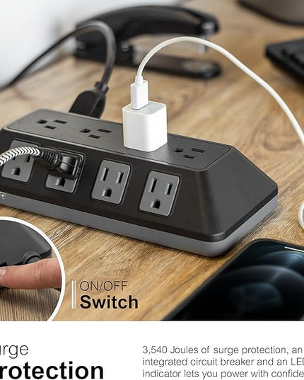 GE UltraPro 12-Outlet Surge Protector, 8 Ft Braided Extension Cord, Multi Plug Outlet Extender, Adapter Spaced, Flat Plug, for Home, Office, Dorm, 3540 Joules, Black, 81784
