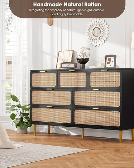 Garvee Rattan Dresser with 7 Drawers, Tall Modern Closet with Deep Storage, Large Chest of Drawers with Wide Top, Long Wooden Dresser for Bedroom, Living Room, Hallway, Kids Room, Black