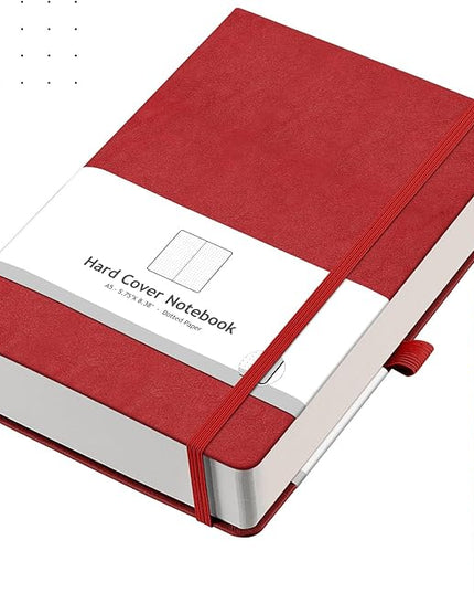 AHGXG Bullet Dotted Journal - 320 Numbered Pages Dot Grid Notebook A5 Thick Journal, 100gsm Thick Dotted Paper, Leather Hardcover,Inner Pocket, 5.75'' × 8.38'' - Red