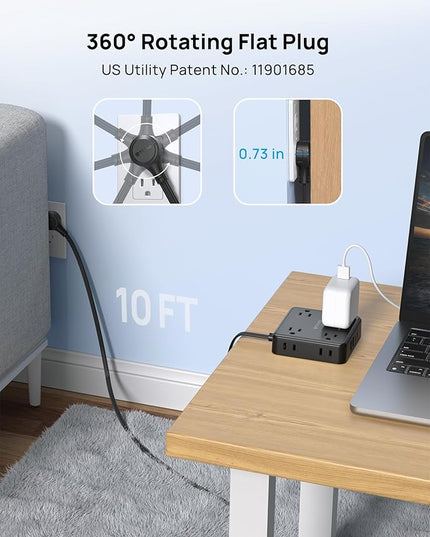 TROND 360° Rotating Flat Plug Power Strip, 10FT Flat Extension Cord with Multiple Outlets 4 USB (2 USB C), Wall Mount Surge Protector 1440 Joules for Home Office Travel Dorm Room Essentials, Black