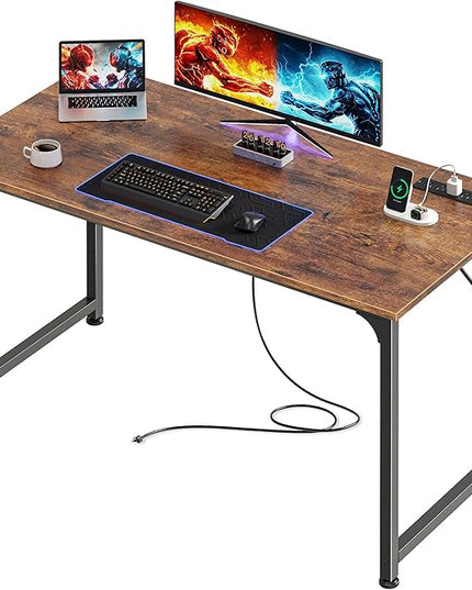 PRAISUN 40 X 20 Inch Computer Desk with Power Outlets and USB-C Port, Gaming Office Desk with Deeper Desktop, Writing Work Desk for Home Office, Study, Bedroom, Metal Frame, Rustic Brown