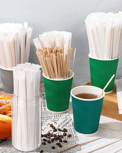 2000 Pcs Individually Wrapped Wooden Coffee Stirrers, Disposable Coffee Stir Sticks Round End Sticks Bulk Wood Stirrers for Cocktail Hot Drinks Restaurant Bar Home Office (7.5 Inch)