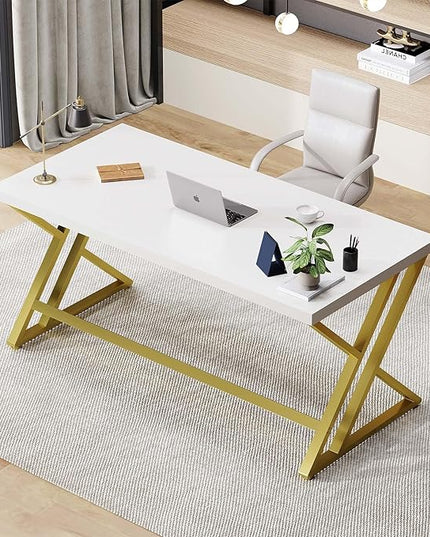 LVB White and Gold Desk, Modern Wood Home Office Computer Desk, Metal Study Executive Writing Table for Gaming Writing Work, Farmhouse Simple Compact Student PC Desk for Bedroom, 55 Inch