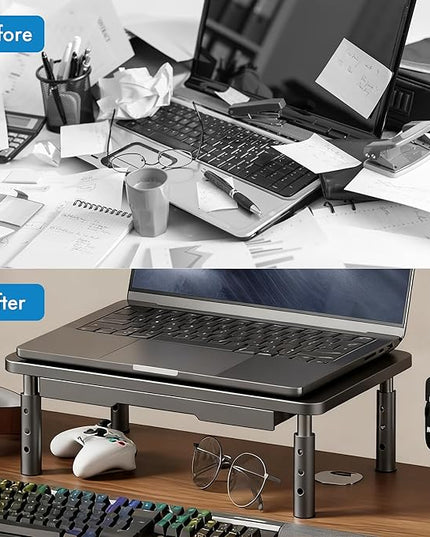 Monitor Stand Riser with Drawer - Adjustable Height (10.5-14.5cm) 3 Gears, Carbon Steel Desk Organizer for Computer/Laptop, Ventilated, Multi-Layer Storage for Office Home，pc stand (Black)