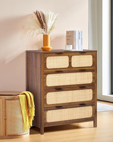 LEVNARY 4 Drawer Dresser for Bedroom, Rattan Dresser Drawers Storage Cane Cabinet, Wooden Chest of Drawers for Bedroom, Entryway, Living Room (1, Walnut)