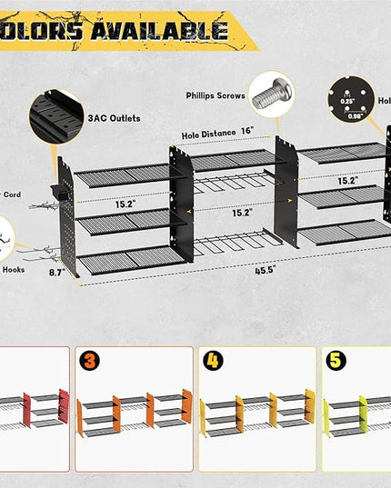 Power Tool Organizer with Charging Station Wall Mount, 3 Layer Expanded Heavy Duty Garage Organization, 45.5 Inch Length Garage Tool Storage, 8 Drills, 2 Assemble Method, Black