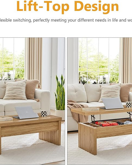 Small Lift Top Coffee Table, Wood Rectangle Coffee Table with Lifting Top and Hidden Storage Compartment, Mid Century Modern Center Tables for Small Space, Living Room, Office (Natural)