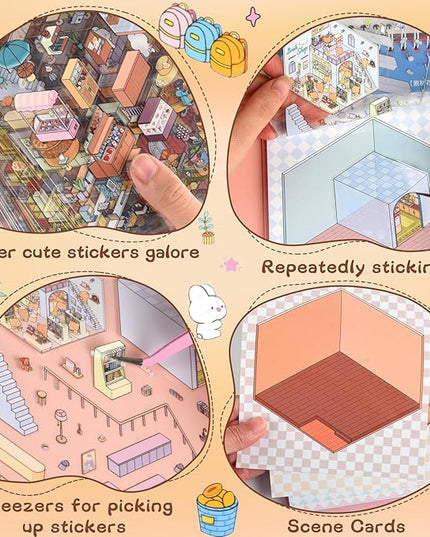 ASTARON 20 Sets DIY 3D Sticker Scene Book Sticker Therapy for Adults, Make Your Own Mini Cozy Shop House Room Stickers Cute Cartoon Miniature Stickers, Relief Stress Pass The Time