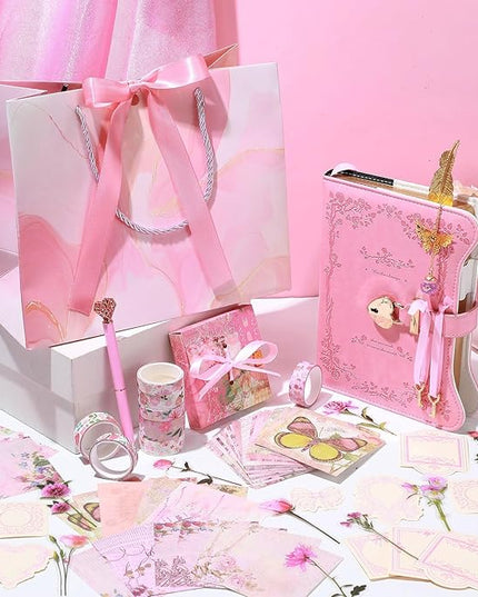Janlaugh DIY Journal Diary with Lock Set Scrapbook Kit Stationary Diary Supplies Art Crafts Kit for Birthday Holidays Ideal Gifts for Women Teen Girls(Pink,Classic)