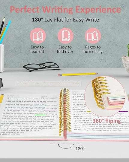 Hardcover Spiral Notebook Journal, 8"x10" Large B5 Notebooks with Removable Dividers Tabs, 300 Pages Leather 5 Subject Notebook College Ruled, Journal for Work School Note, 100 GSM Thick Paper,Pink