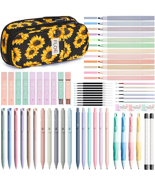 65PCS Aesthetic School Supplies with Cute Pencil Case, Pastel Highlighters Gel Pens Mechanical Pencils Set 0.5 0.7 & 2.0mm, Office Back to School Supplies College Essentials Kit Student Stationary Set