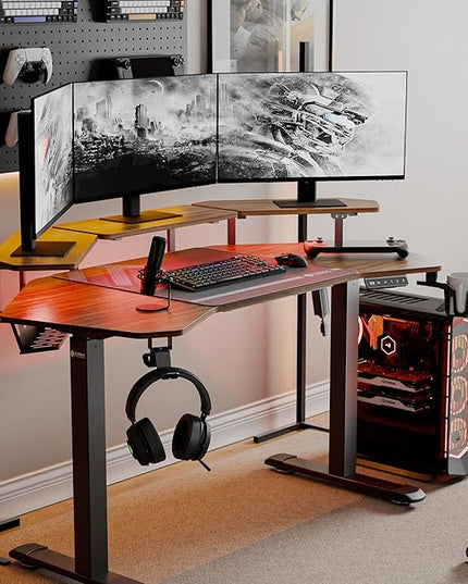 EUREKA ERGONOMIC Aero 55 Inch W Shaped Electric Standing Desk, Height Adjustable Computer Gaming Desk with LED Monitor Shelf, Mouse Pad, Headphone Hook, Cup Holder, Dark Walnut