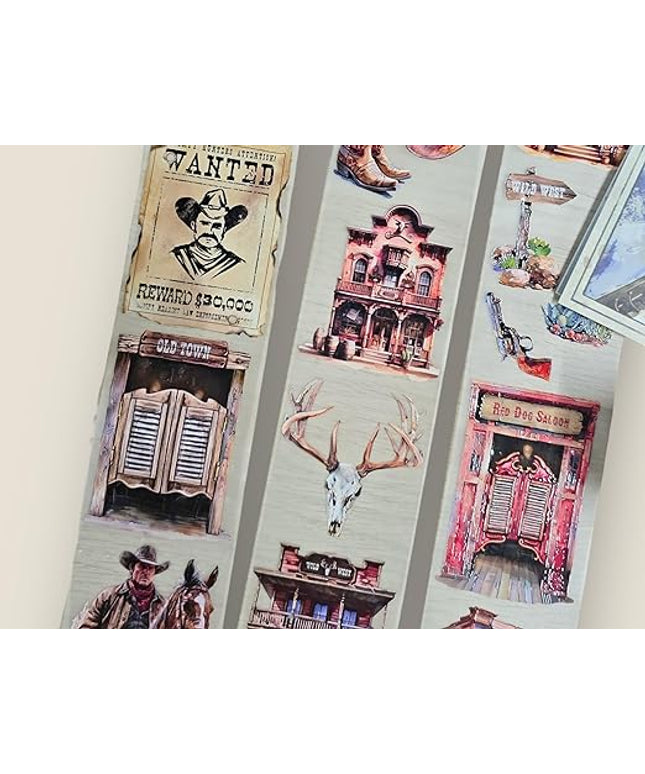 Wild West Transparent Vintage Washi Tape 5x5 cm x 100 cm – Decorative Scrapbooking Craft Adhesive Roll, Western Cowboy Art, Rustic Frontier Illustration for Journals, Planners, Cards & DIY Projects