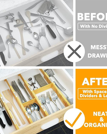 SpaceAid Bamboo Drawer Dividers with Inserts and Labels, Kitchen Adjustable Drawer Organizers, Expandable Organization for Home, Office, Dressers and Bathroom, 6 Dividers with 12 Inserts (13.25-17 in)