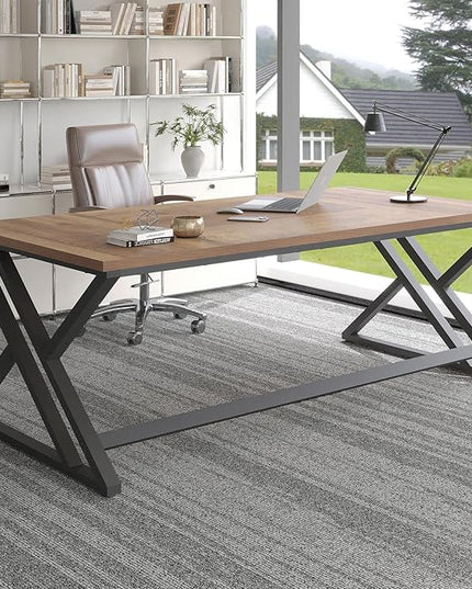 LVB Rustic Large Computer Desk, Extra Long Industrial Home Office Desk, Wood Pc Writing Work Study Computer Table Desk, Farmhouse Workstation Gaming Executive Desk for 2 Person, Rustic Oak, 78.7 Inch