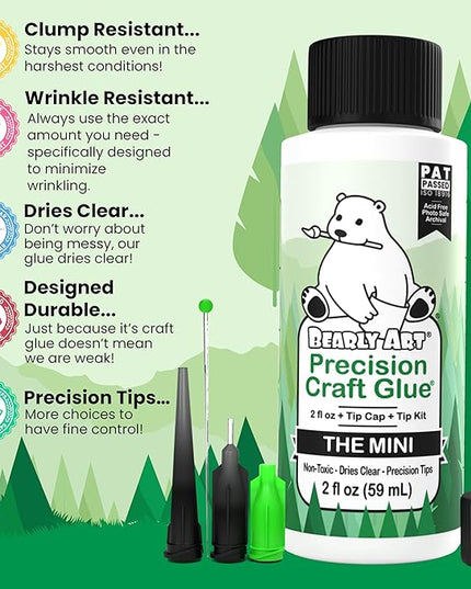 Bearly Art Precision Craft Glue - The Mini - 2fl oz with Tip Kit - Acid Free Archival - Strong Hold Adhesive - Ideal for Fine Paper Crafting Scrapbooking and Card Making - Made in USA