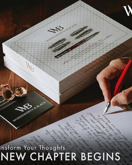 Wordsworth & Black Fountain Pen Gift Set, Includes Bottle, 6 Cartridges Refill Converter, 4 Replacement Nibs, Premium Package, Journaling, Calligraphy, Smooth Writing Pens [Red Chrome]