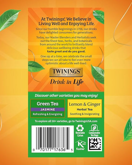 Twinings Pure Green Tea Individually Wrapped Bags, 20 Count (Pack of 6), Smooth Flavour, Enticing Aroma, Caffeinated, Enjoy Hot or Iced, 120 Teabags