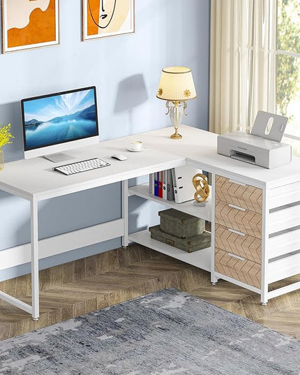 Tribesigns L Shaped Computer Desk with Storage Drawers, 59 inch Corner Desk with Shelves, Reversible L-Shaped Office Desk Study Writing Table Workstation for Home Office, White