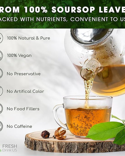 FreshDrinkUS, Premium 75 Soursop Graviola Leaf Tea Bags, 100% Natural and Pure from Soursop Leaves, Handmade, Made With Natural Materials-Corn Fiber Tea Bag, Sugar/ Caffeine/ Gluten Free, Hoja Guanabana Tea