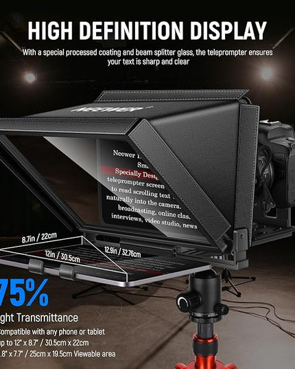 NEEWER X12 14" Aluminum Alloy Teleprompter Compatible with iPhone iPad DSLR Cameras Phone Tablet with Remote Control Carry Case Cleaning Cloth, APP Control for iOS/Android Online Teaching/Streaming