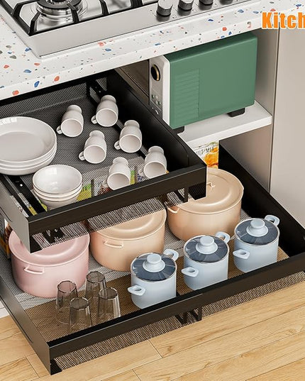 Hisencn Pull Out Cabinet Organizer, Expandable Width 13.9"-22", 21.8" Deep Heavy Duty Slide Out Drawer for Kitchen Cabinets, No Drill Roll Out Shelves with Adhesive Nano Film (Black)