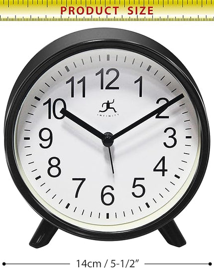 Infinity Instruments Plastic 5.75" Indoor Tabletop Alarm Clock with Quartz Movement for Accurate Time Keeping, Black