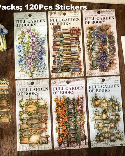AuriicLeaf Bookish Garden PET Sticker Set, 120PCS Floral and Book Themed Scrapbooking Stickers, Waterproof Stickers for Journal, Diary, DIY Crafts