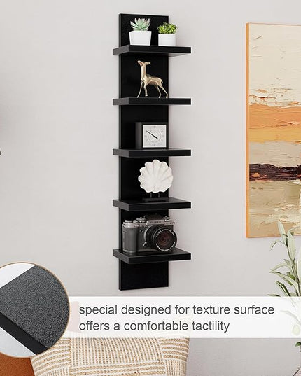 Fun Memories 5 Tier Wall Shelf Unit, Decorative Wall Mount Vertical Shelving, Floating Storage Home Decor Organizer Tall Tower Design Utility Shelving Bedroom Living Room, Black