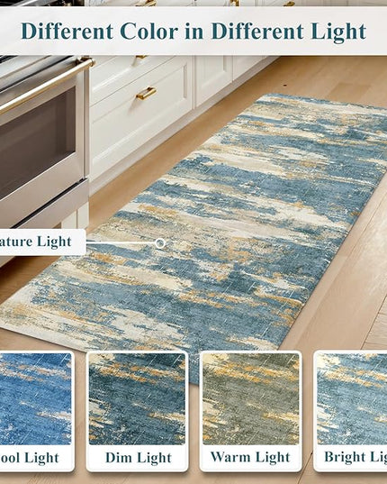 Collive Kitchen Mats for Floor 2 Piece, Abstract Cushioned Anti Fatigue Rugs Non Slip Waterproof Kitchens Sink Mat, Blue Modern Standing Mat for Bar, Office, Desk, Home Decor, 17"x29"+17"x47"