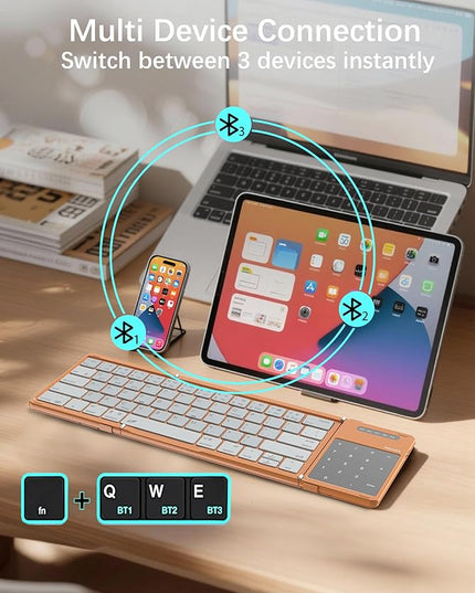 Nillkin Upgraded Foldable Bluetooth Keyboard with Touchpad & Number Pad, Portable Wireless Keyboard for Travel, Pocket-Sized, Full Size Keys, Support 3 Devices for iPad Laptop Tablets Phone, Orange