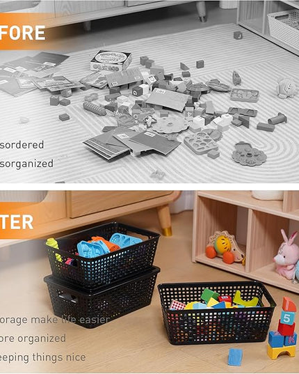 Plastic Storage Baskets With Lid, Storage Bins for Organizing, Stackable Decorative Containers for Shelves Drawers Desktop Closet Playroom Classroom Office, 8 Pack-Black