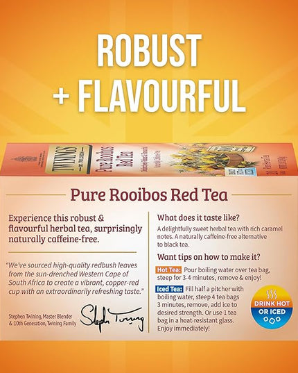 Twinings Pure Rooibos Red Herbal Tea Individually Wrapped Bags, 20 Count (Pack of 1), Sweet with Uplifting Aroma, Naturally Caffeine-Free, Enjoy Hot or Iced, 20 Teabags