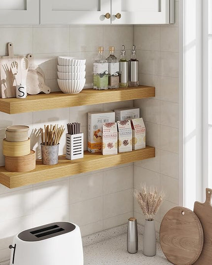 Fun Memories Bathroom Shelves 32 Inch Long Set of 2, Floating Shelves for Wall with Invisible Brackets, for Bedroom, Living Room, Kitchen, Oak