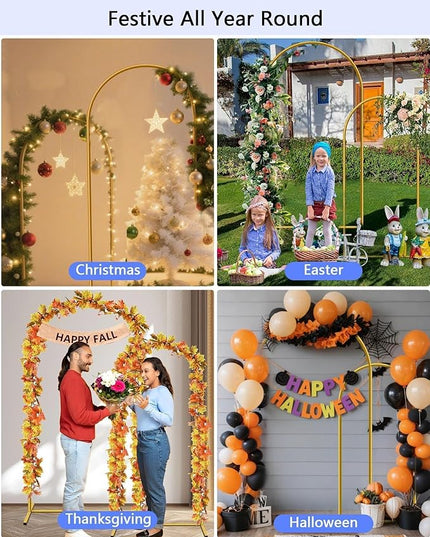 HEMMOTOP Metal Arch Backdrop Stand Set of 2 (7.2ft + 6ft), Wedding Arch Frame, Stable Background Stand with Square Base Ground Nails, for Birthday Party Baby Shower Garland Decoration, Gold