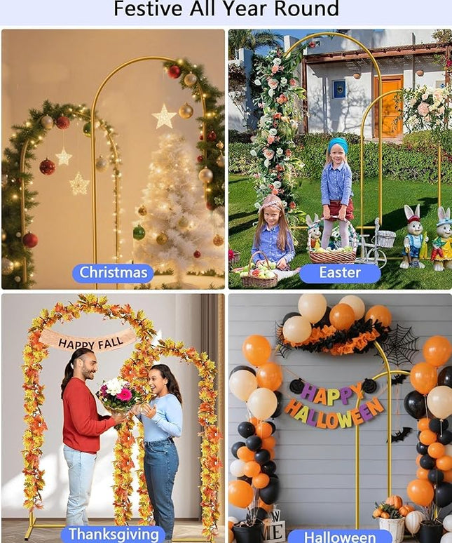 HEMMOTOP Metal Arch Backdrop Stand Set of 2 (7.2ft + 6ft), Wedding Arch Frame, Stable Background Stand with Square Base Ground Nails, for Birthday Party Baby Shower Garland Decoration, Gold