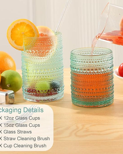 Vintage Glassware Drinking Glasses Set of 12,Light Blue 12oz & 15oz Hobnail Glass Cups,Embossed Water Tumbler,for Beer,Cocktail,Whiskey,Juice and Various Mixed Drinks- 1 Cleaning Brush