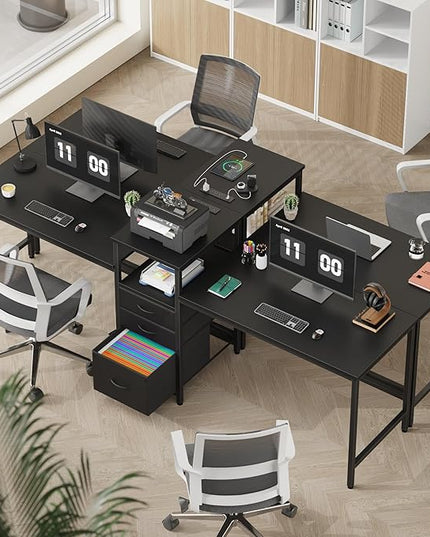 GYIIYUO 93'' Two Person Gaming Desk with Charging Station, Long Desk with 3 Drawers and Printer Shelf, Double Computer Desk, 2 Person Writing Study Table Workstation for Home Office, Black