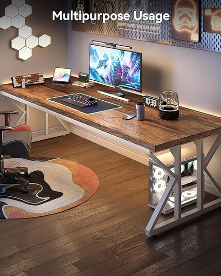 LITTLE TREE 78.7 Inch Large Executive Desk, Modern Computer Office Desk, Wooden Writing Desk Study Table for Home Office, Rustic Brown-White