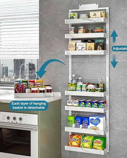 bukfen Over the Door Pantry Organizer,8-Tier Adjustable Basket Kitchen Pantry Door Organization and Storage, Heavy-Duty Metal Hanging Kitchen Spice Rack,D6.3 x W17.32 x H66.93 inch,White Marble Color