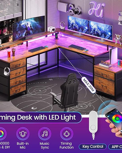 SEDETA L Shaped Desk with 6 Drawer, 108" Home Office Desk with File Drawer & Power Outlet, Corner Computer Desk with Monitor Shelf, Two Person Desk, Gaming Desk with Led Lights, Rustic Brown