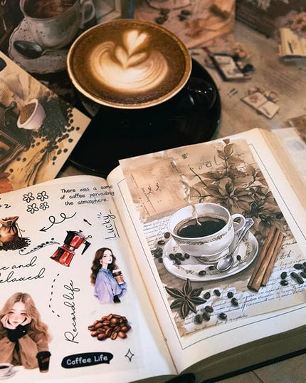MiyouLuna 6Pcs Coffee Sticker Books, PET&Washi Stickers for Scrapbooking, DIY Crafts, Journaling Supplies & Junk Journal Ephemera