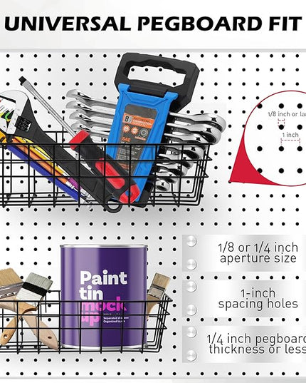 5-Piece Pegboard Baskets Set - Heavy Duty Peg Board Organizer Accessories Bin Set, Premium Black Metal Wire Baskets Tool Shelves, Wall Mount Storage for Garage Workshop Craft Room