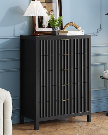 JZXSHD 5 Drawer Dresser, 43" Tall Dresser Organizer TV Drawer Cabinet Modern Wood Storage Cabinet, Modern Wood Storage Cabinet for Bedroom, Hallway, Entryway, Black Oak X 2