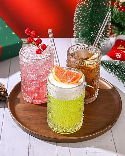 Hobnail Drinking Glasses with Straws 15oz Vintage Glassware Set of 6 Embossed Vintage Water Cups, Highball Glasses for Cocktail,Whiskey,Beer and Juic