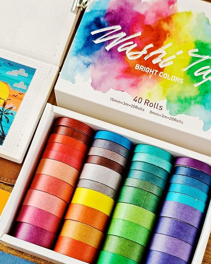 Bomichi 40 Rolls Colored Washi Tape, Aesthetic Colored Decorative Cute Scrapbook Tape for Scrapbooking Supplies Journaling Craft Junk Journal