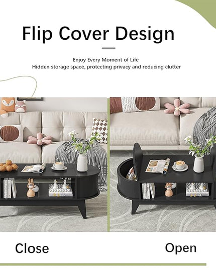 Coffee Table with 2 Hidden Storage,Mid Century Modern Coffee Table with Fluted Finish,Wood Center Tables Oval Coffee Tables with Flip-Top Lids for Living Room Home Office (Black)